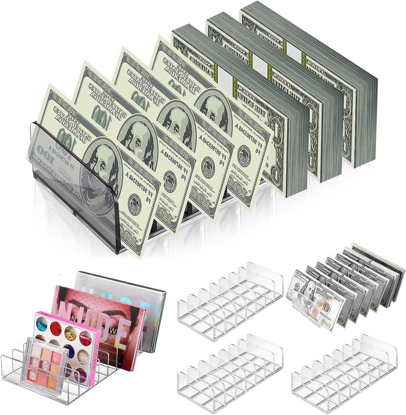 Nerjan 4 Pack Acrylic Money Organizer Cash Trays 7 Sections Clear Dividers Desk Organizer for Cash Envelope Mail Bill Card Makeup Palette and Other Small Items. - Image 2